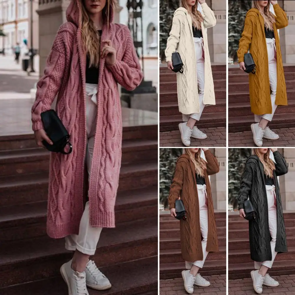 Top Trends: 2022 Autumn And Winter New Casual Solid Color Hooded Twist Knitted Long Cardigan Sweater Coat Women Shoppable Styles