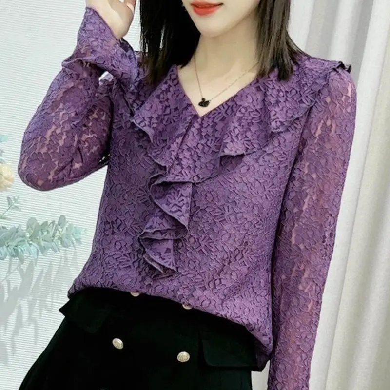 Top Trends: Sexy Floral Lace Hollow Out Blouse Female Clothing Stylish Ruffles Spliced Spring Autumn Casual Long Sleeve Elegant V-Neck Shirt Shoppable Styles