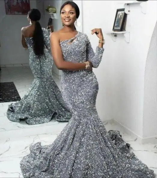 Top Trends: Silver African American Prom Dresses Mermaid One-shoulder Sequins Black Girls Nigeria Robe De Soiree Evening Dress Gown Shoppable Styles