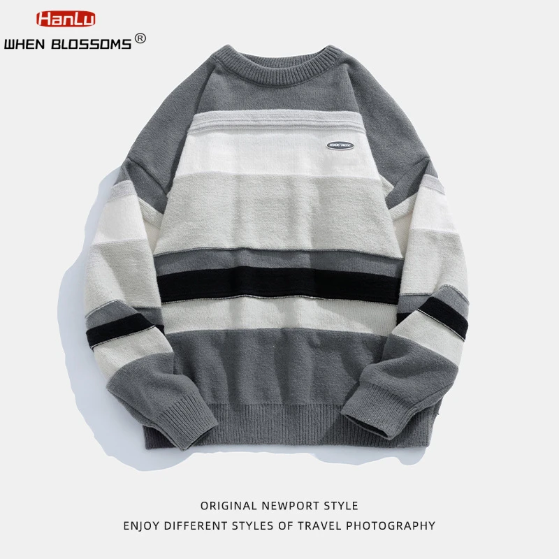 Top Trends: HANLU-Youth Men Winter Sweaters 2023 Striped Vintage Pullover Mens O-Neck Korean Fashions Sweater Women Casual Harajuku Clothes Shoppable Styles