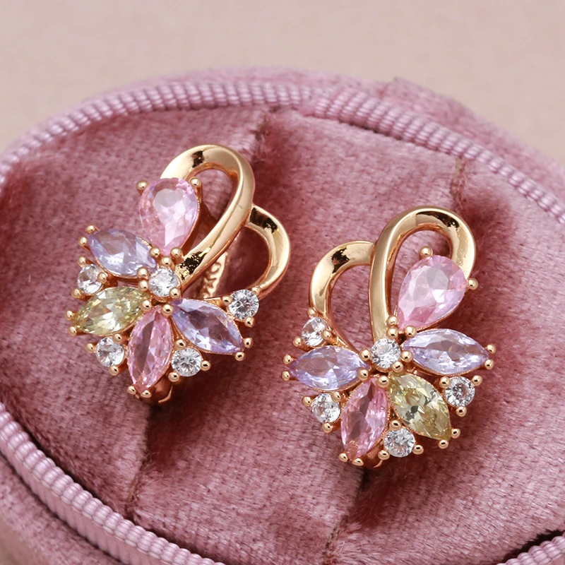 Top Trends: Luxury 585 Rose Gold Clip Earrings Water Drop Colorful Zircon Curve Earring Symmetry Piercing Hoops For Women Party Jewelry Gift Shoppable Styles