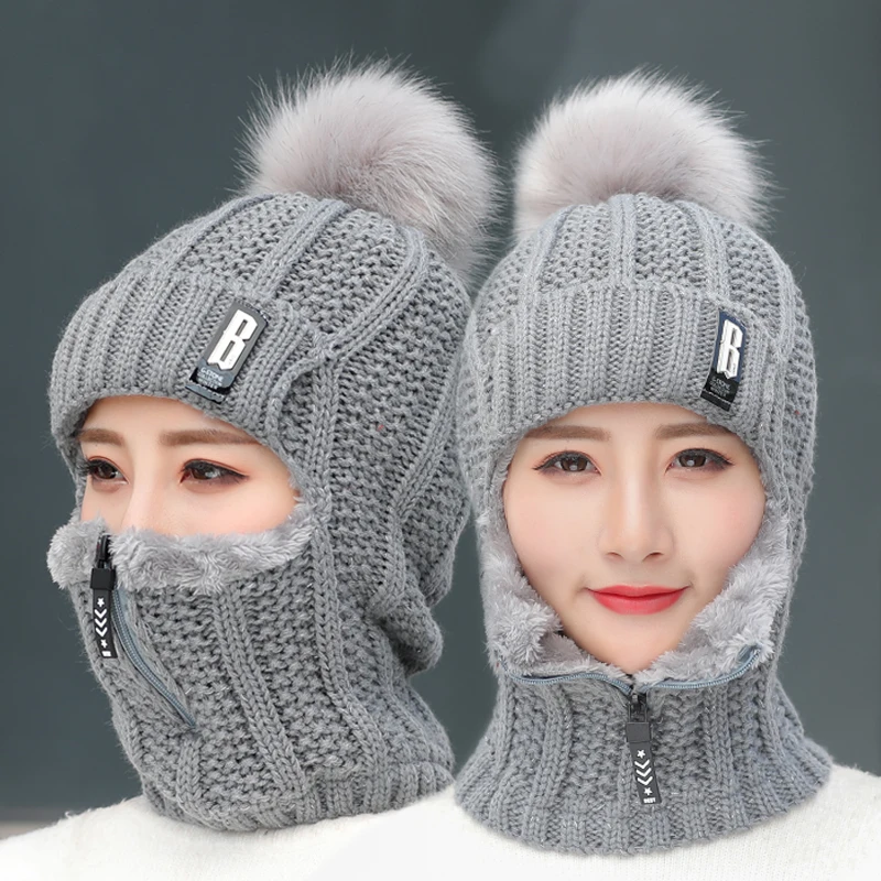 Top Trends: Coral Fleece Winter Women Knitted Hats Add Fur Warm Winter Hats For Women With Zipper Keep Face Warmer Balaclava Pompoms Cap Shoppable Styles