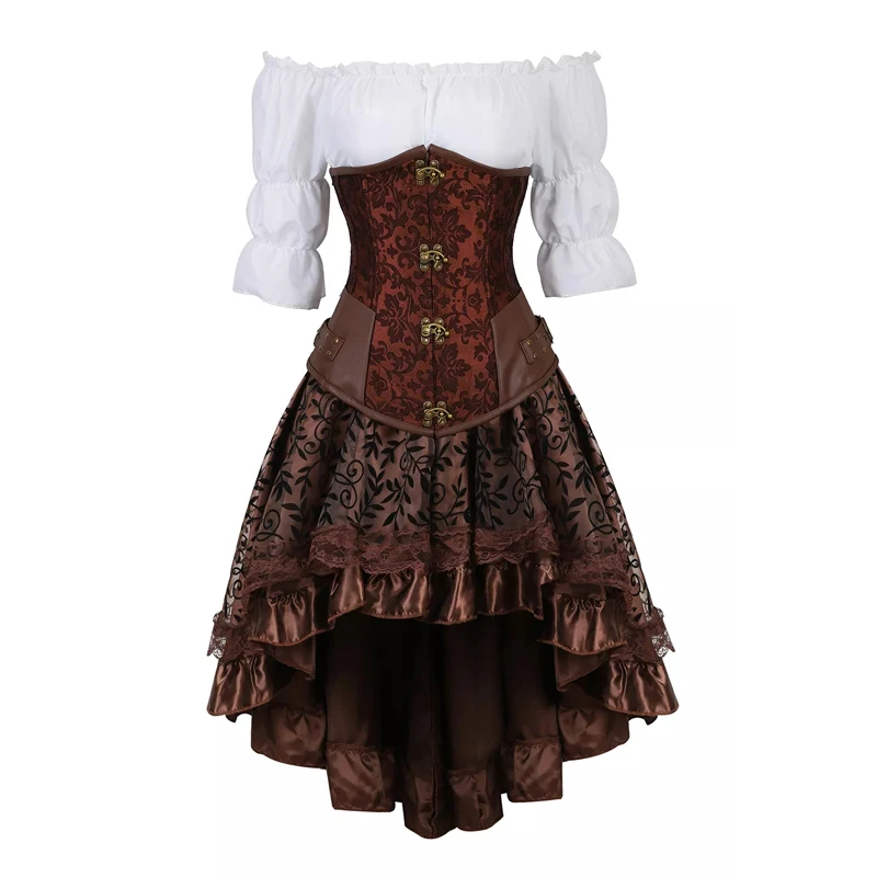 Top Trends: Steampunk Corset Dress Brown Pirate Costume Woman Skirt Plus Size Gothic Underbust Corset With Skirt Three Piece Set Shoppable Styles