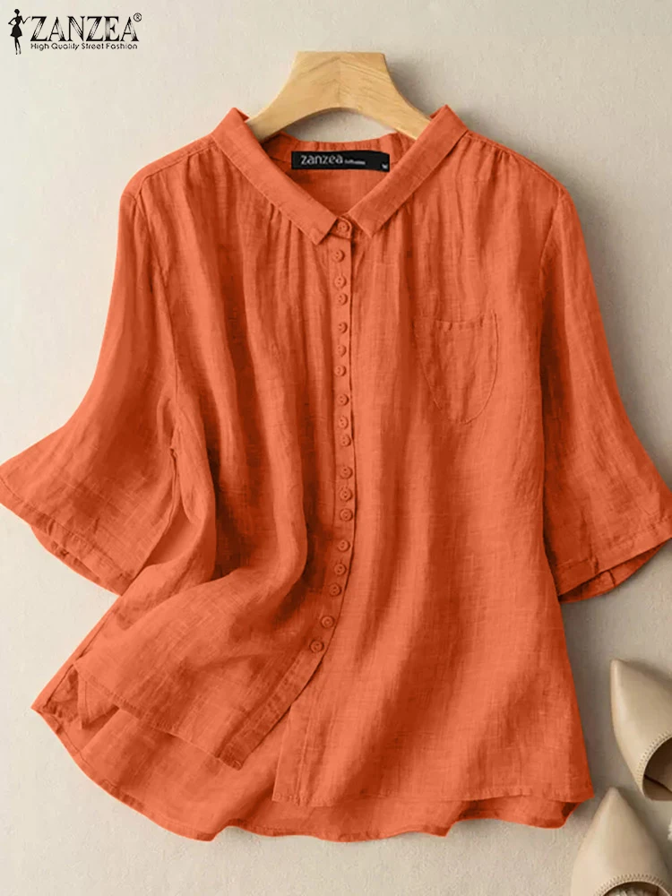 Top Trends: ZANZEA Women 3 / 4 Sleeve O-Neck Solid Color Blouse Summer Elegant Shirt Front Pockets Stylish Casual Office OL Tops Cotton Shirts Shoppable Styles