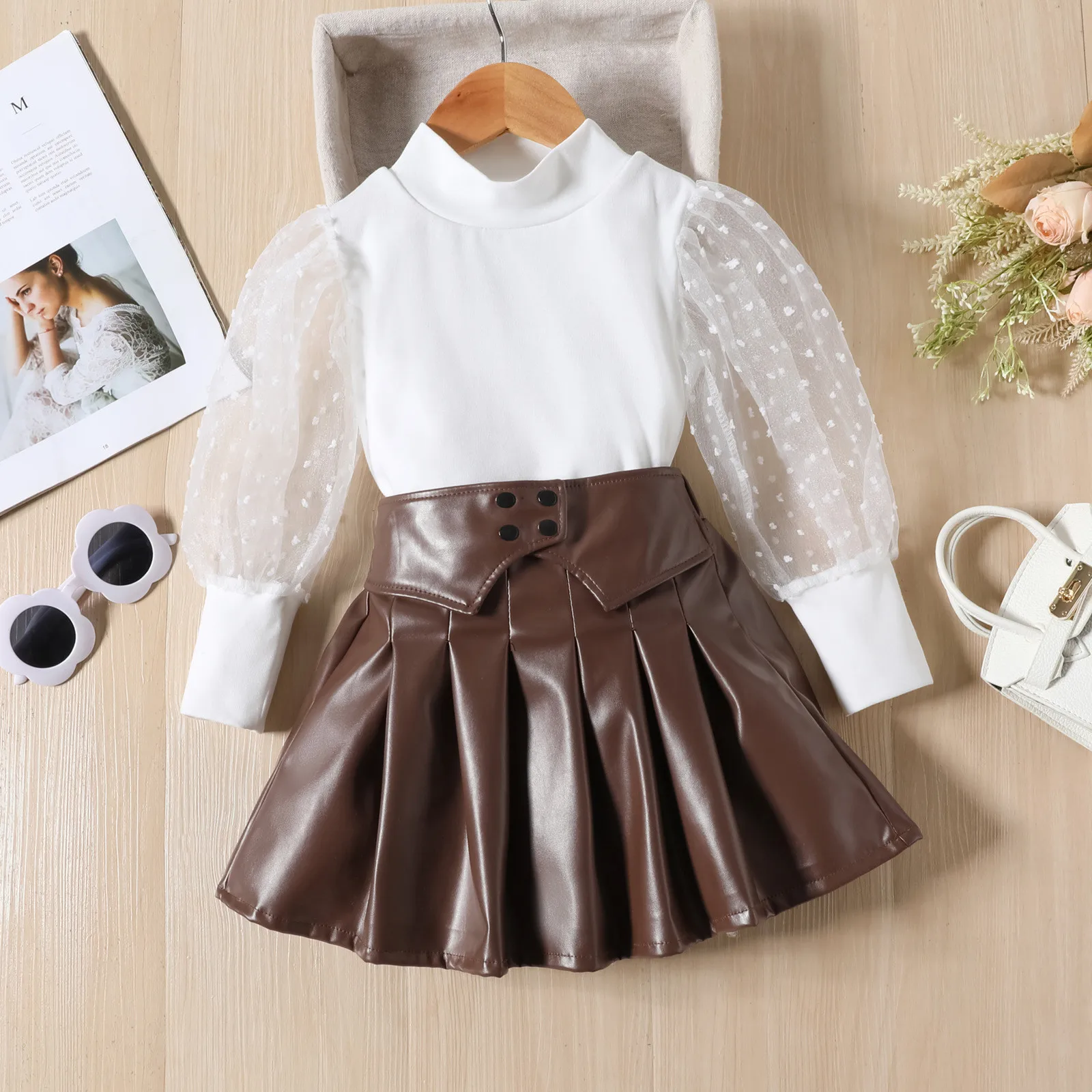 Top Trends: Autumn Kids Girls 2pcs Fashion Clothes Sets 1 2 3 4 5 6Y Mesh Long Puff Sleeve Turtleneck Tops+ PU Leather Pleated Skirts Suits Shoppable Styles