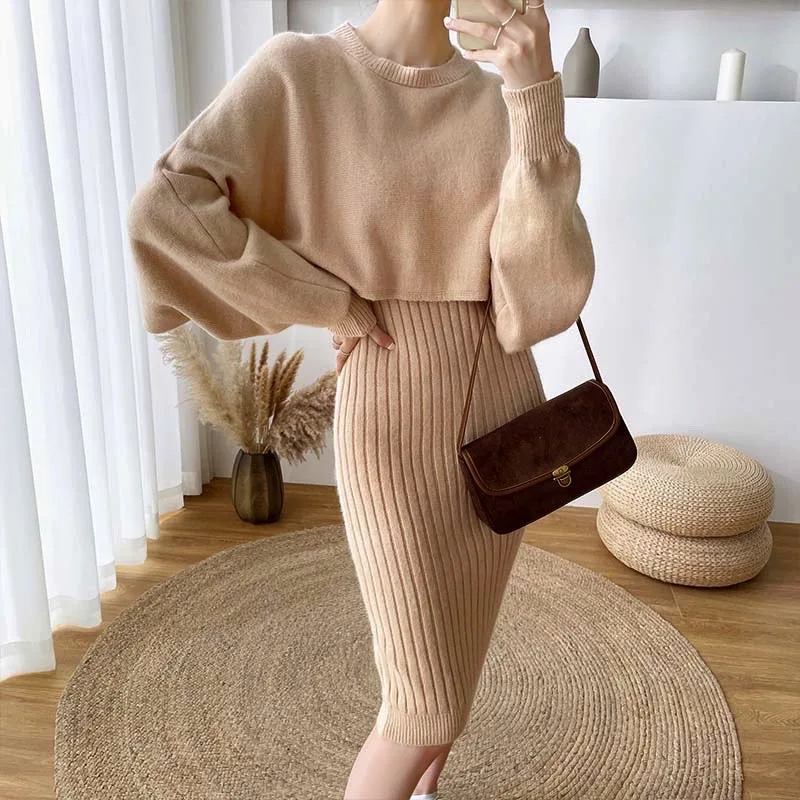 Top Trends: Autumn Winter Sweater Dress Two Piece Women Fashion New Office Ladies Sets Knitted Pullover Sweater + Vest Dress Shoppable Styles - Image 4