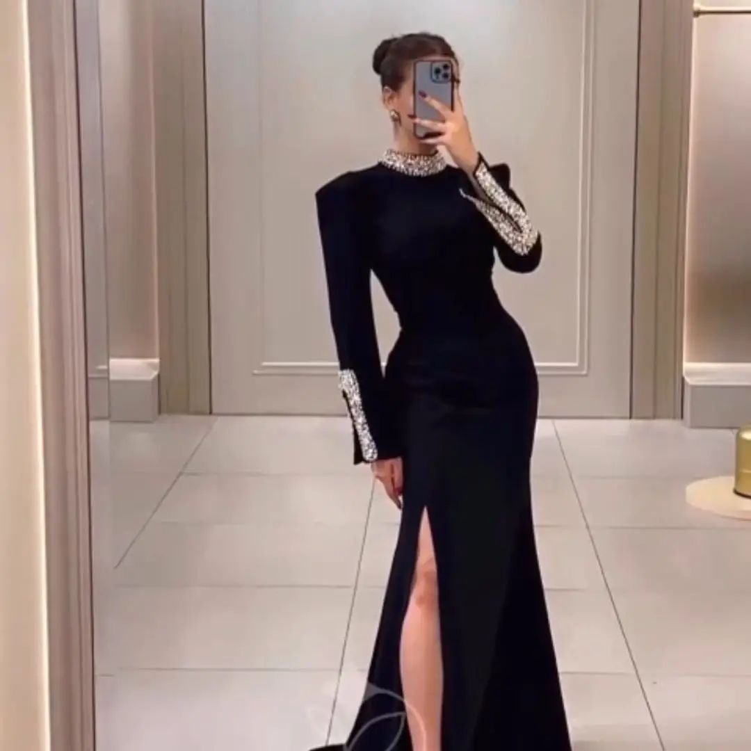 Top Trends: Black Saudi Arabia Women Prom Dresses Soft Stain Long Sleeves Beadeds Crystals Evening Dresses Women Formal Party Gowns Shoppable Styles