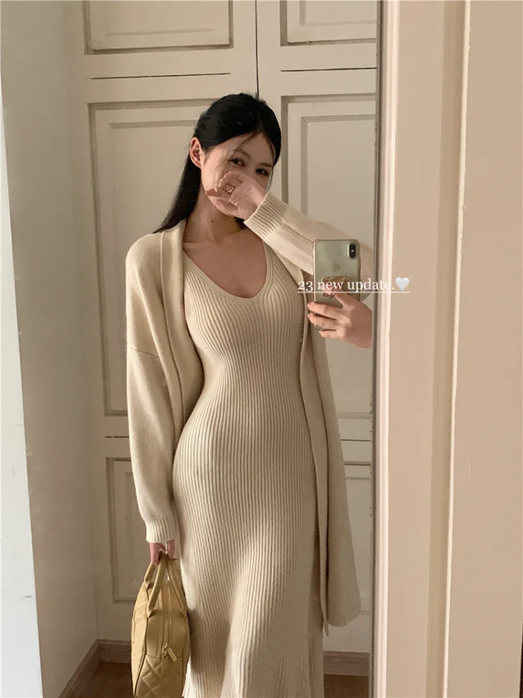 Top Trends: Fall / Winter Fashion Lazy Wind Vintage Two Piece Knitted Dress Sets Temperament Sweater Cardigan Jacket + Halter Dress Outfits Shoppable Styles