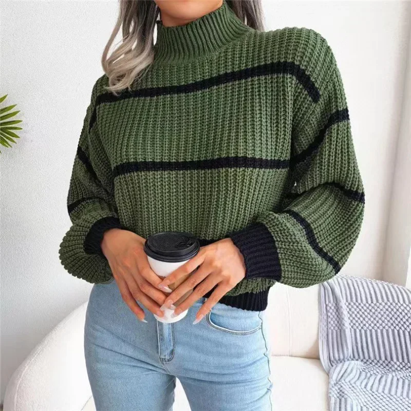 Top Trends: 2023 Autumn And Winter Women's Fashion Commuter Casual Stripe Lantern Sleeve Half High Neck Knit Pullover Long Sleeve Sweater Shoppable Styles