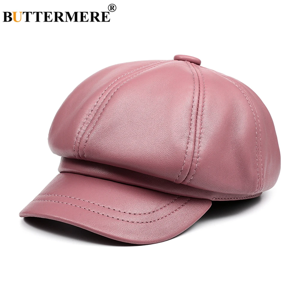 Top Trends: BUTTERMERE Genuine Leather Vintage Hat Women Newsboy Cap Pink Baker Boy Cap High Quality Brand Ladies Winter Octagonal Cap Shoppable Styles