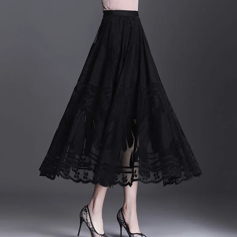 Top Trends: Elegant Lace Patchwork Black Skirts Spring Summer New Solid Loose Hollow Out A-line Skirt Fashion Temperament Women Clothing Shoppable Styles