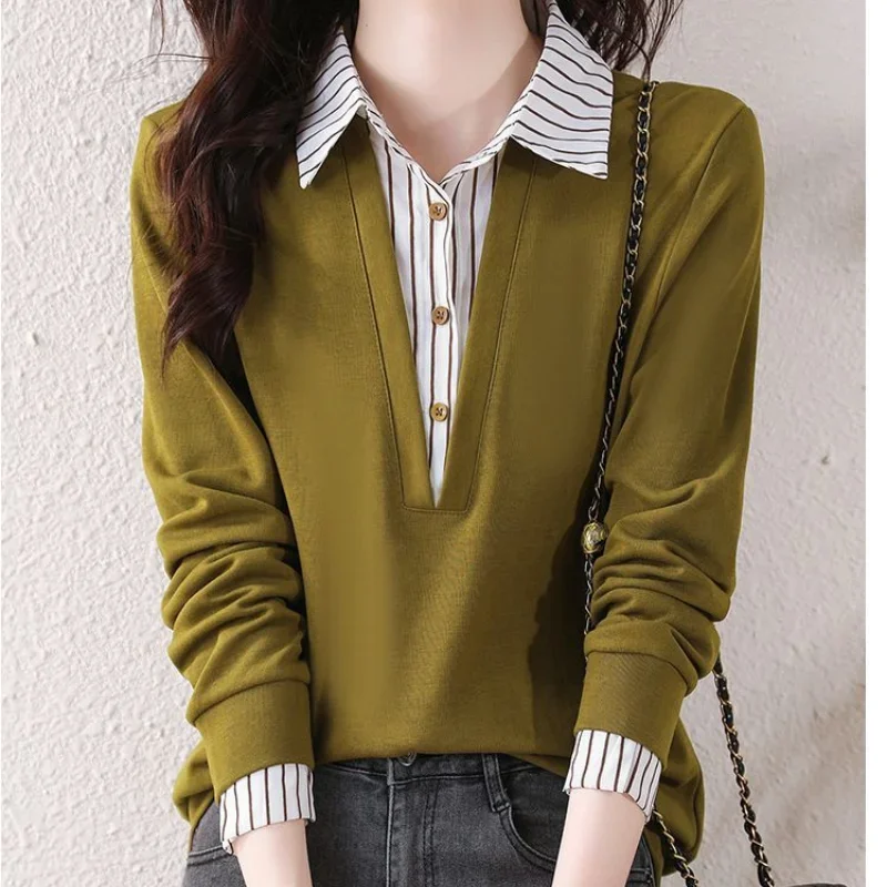 Top Trends: Autumn And Winter New Oversize Versatile Top Splice Buttons POLO Collar Long Sleeve Korean Version Temperament Commuter Shirt Shoppable Styles