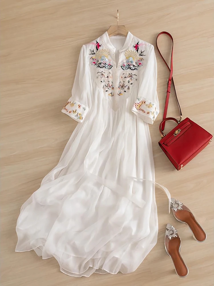 Top Trends: Chinese Style Embroidery Chiffon Dress National Art Chic Women 2023 Summer White Loose Casual Ethereal Pleated Long Dresses Shoppable Styles