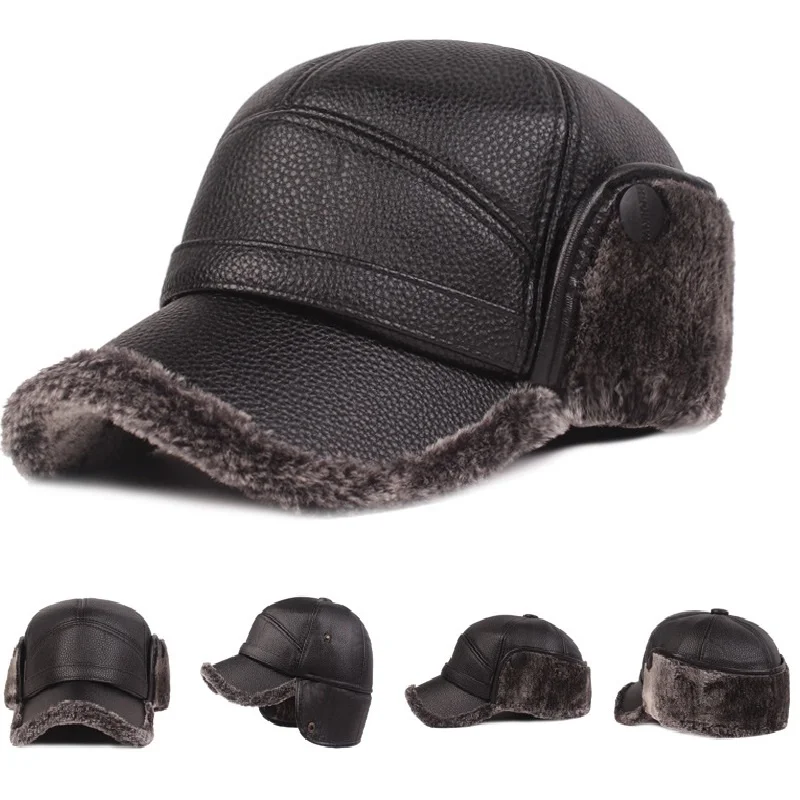 Top Trends: New Winter Mens Leather Cap Warm Baseball Cap With Ear Flaps Thick Fur Caps For Winter Bomber Hats Shoppable Styles