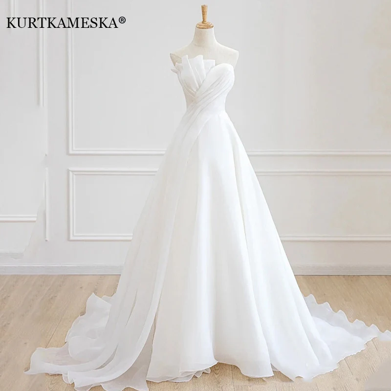 Top Trends: Luxury White Satin Chiffon Strapless Wedding Trailing Dresses For Bride 2022 Elegant Long Prom Evening Guest Party Women Dress Shoppable Styles