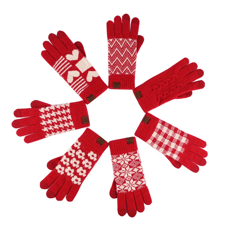 Top Trends: New Year Red Knitted Gloves With Touch Screen Winter Hand Warmer Elastic Print Woolen Glove Women Outdoor Cycling Velvet Mittens Shoppable Styles - Image 5