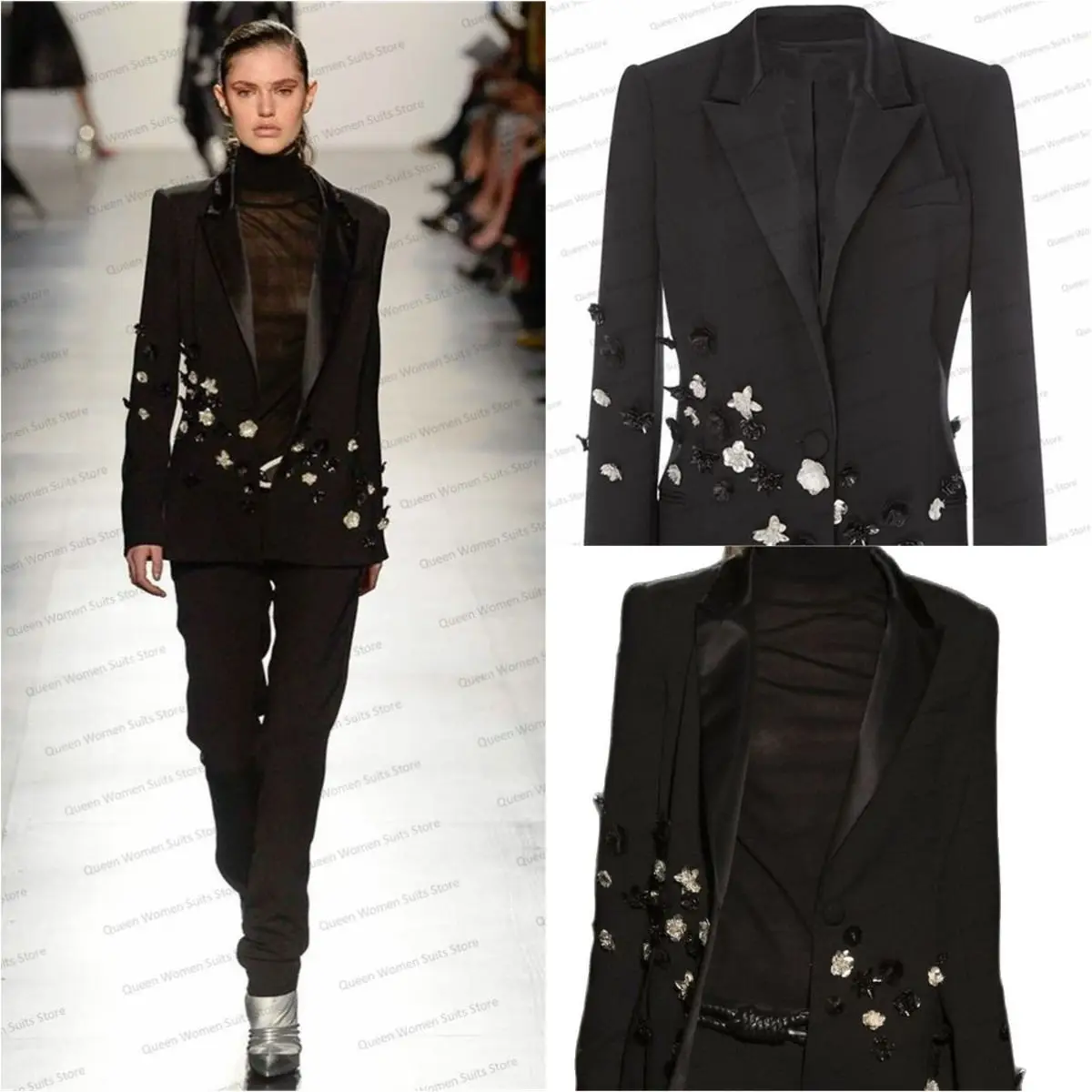 Top Trends: Catwalk Black Women Suit Blazer+ Pants 2 Pieces Wedding Tuxedo 3D Flower Appliqued Autumn Prom Dress Custom Made Jacket Coat Shoppable Styles