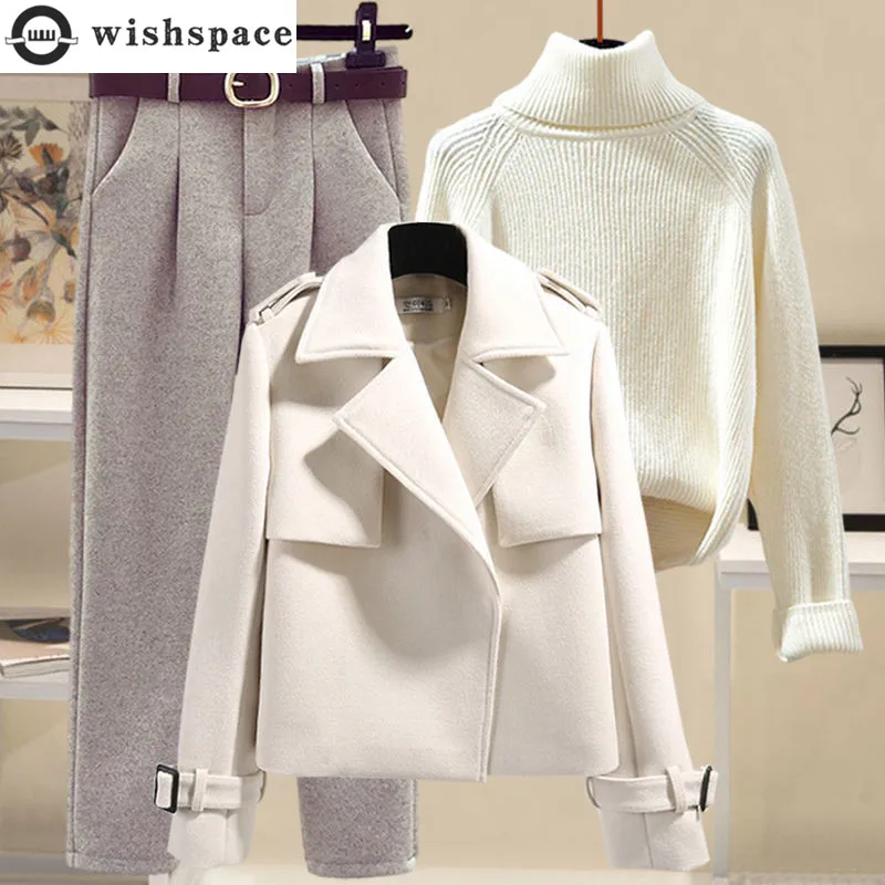 Top Trends: Short Trench Coat Jacket With High Collar Bottom Knit Sweater Woolen Pants Three Piece Set Elegant Women&#039;s Pants Set Winter Set Shoppable Styles