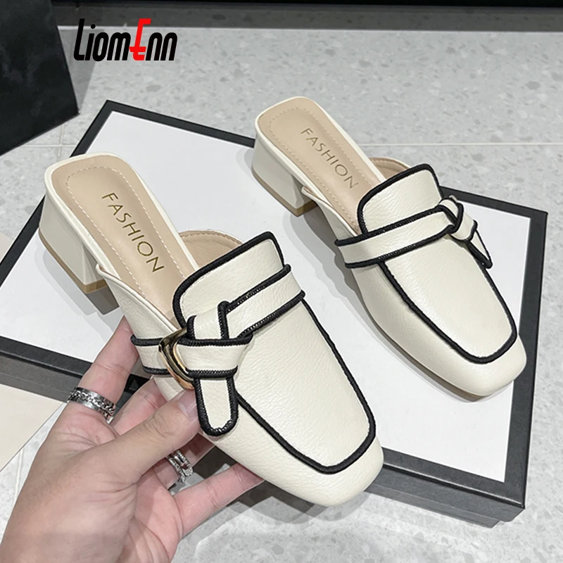 Top Trends: Black Mules Shoes For Women Slip On Square Heel Slippers Women 2024 New Luxury Designer PU Leather Slides Elegant Office Shoes Shoppable Styles