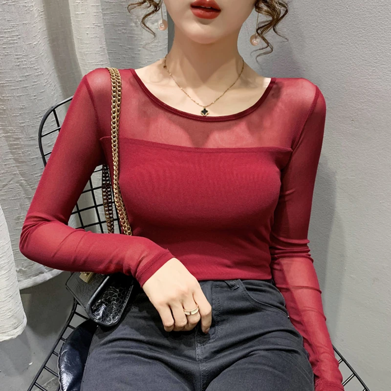 Top Trends: Autumn Winter Round Neck T Shirt Women Sexy Mesh Bottoming Shirt Long Sleeve Solid Color Slim Fit Long Sleeve Casual Tops Shoppable Styles