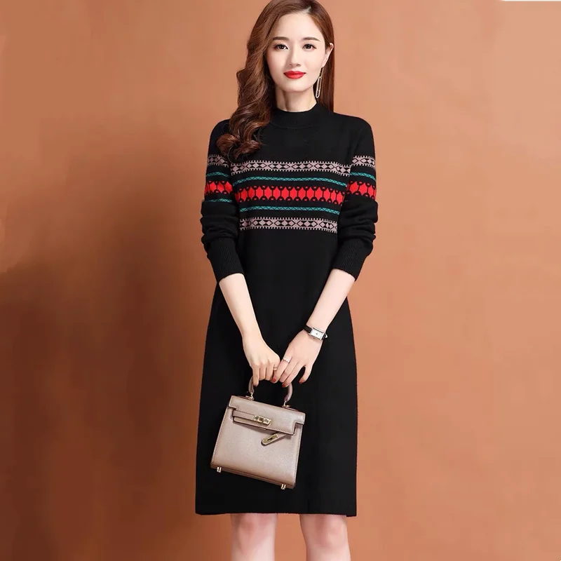 Top Trends: Winter Knee Length Sweater Tunics Women&#039;s Wool Korean Fashion Thick Worm Slim Comfortable Knitted Dresses Shoppable Styles