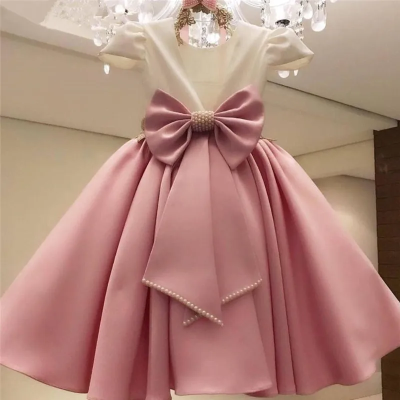 Top Trends: Bow Pink Flower Girl Dresses Tulle Pearls Girl Party Dress Kid Birthday Dress Puffy Princess Dress Satin Communion Shoppable Styles