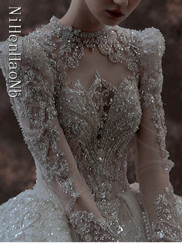 Top Trends: Luxury Lace Wedding Dresses High Neck Long Sleeve Full Beaded Crystals Metal Sequins Backless Shining Princess Bridal Gowns New Shoppable Styles - Image 3