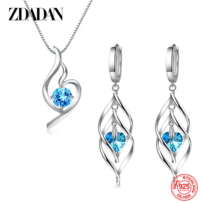 Top Trends: ZDADAN 925 Sterling Silver Blue Crystal Necklace Earring Set For Women Fashion Wedding Jewelry Party Gift Shoppable Styles