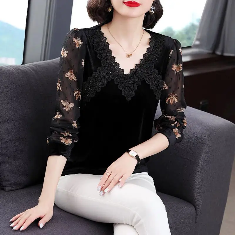 Top Trends: Elegant V-Neck Lace Patchwork Shirt Female Clothing Stylish Printed Spring Autumn Long Sleeve Commute Loose Casual Velvet Blouse Shoppable Styles