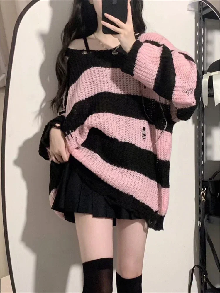 Top Trends: Deeptown Y2K Pink Striped Sweaters Women Harajuku Vintage Black Knitted Jumper Grunge Sexy Hole Hollow Out Loose All-match Tops Shoppable Styles