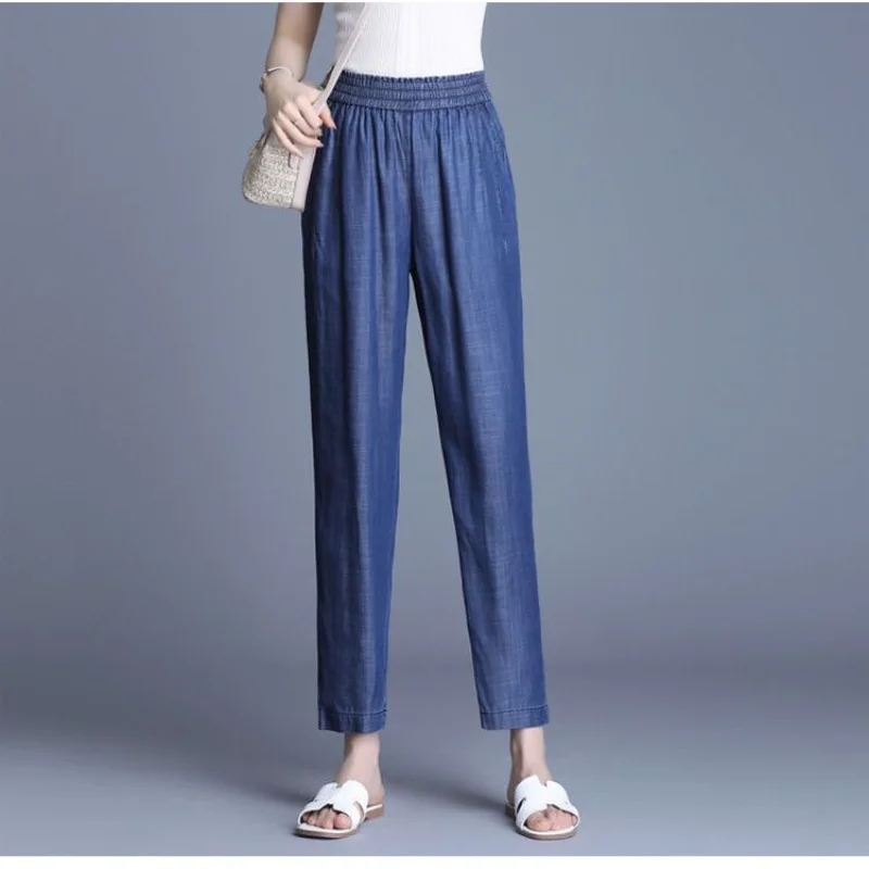 Top Trends: 2023 New Summer Fashion Simple Elastic High Waist Thin Panel Pocket Casual Loose Solid Color Women&#039;s Versatile Ice Harlan Pants Shoppable Styles