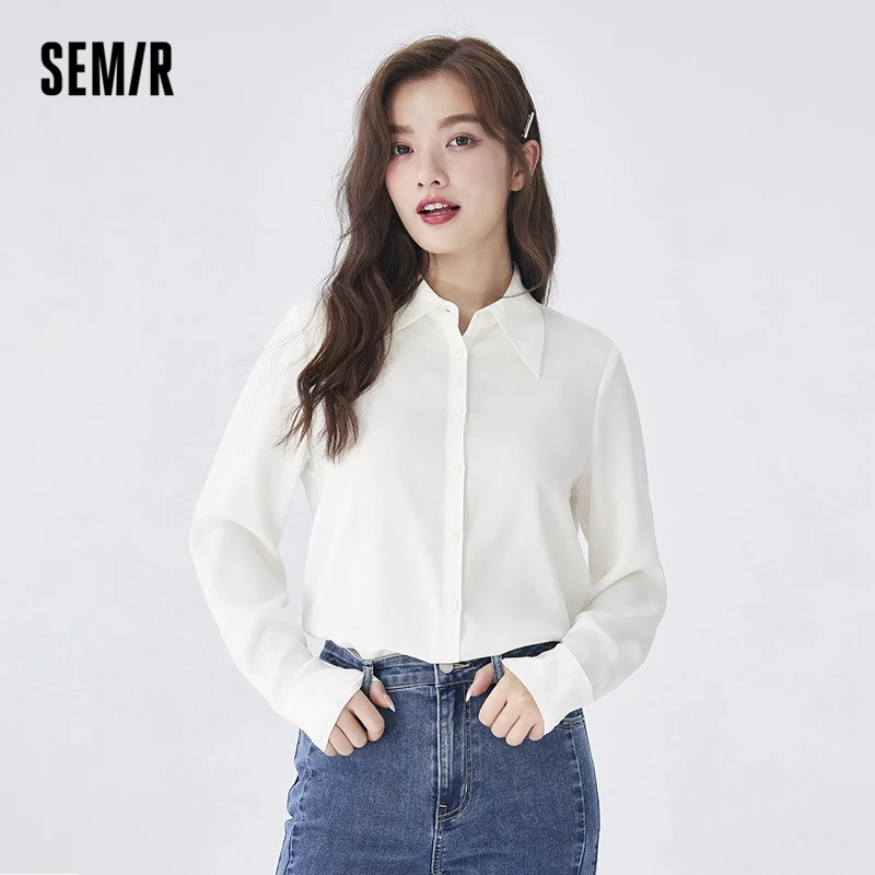 Top Trends: Semir Women Shirt Long-sleeved Shirt Autumn New Pointed Collar Basic Easy-care Commuting Solid-color Top All-match Shirt Shoppable Styles