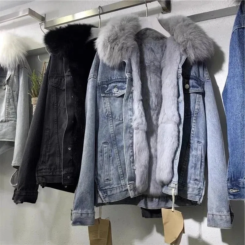 Top Trends: Winter Women Warm Basic Coat Big Fur Collar Denim Jacket Female Cold Motorcycle Jackets Outerwear Fleece Thick Casual Overcoat Shoppable Styles - Image 2