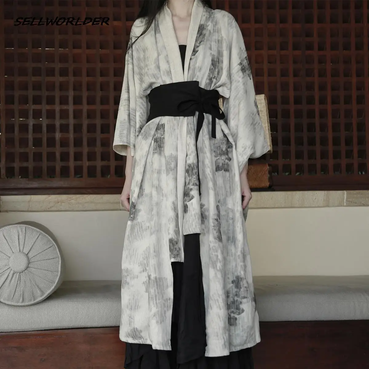 Top Trends: Ramie Linen Retro Chinese Style Women Loose Jacket Print Coats Two Side Belt Long Jackets Shoppable Styles