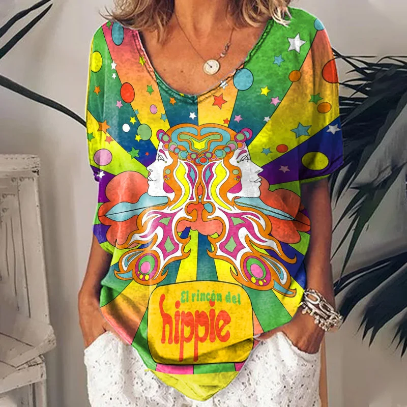 Top Trends: T-shirts For Women Summer 2023 Hippie Women's T Shirt Sequin Top Fashion Short Sleeve Print Tops Large Size Loose Tees Shirt Shoppable Styles