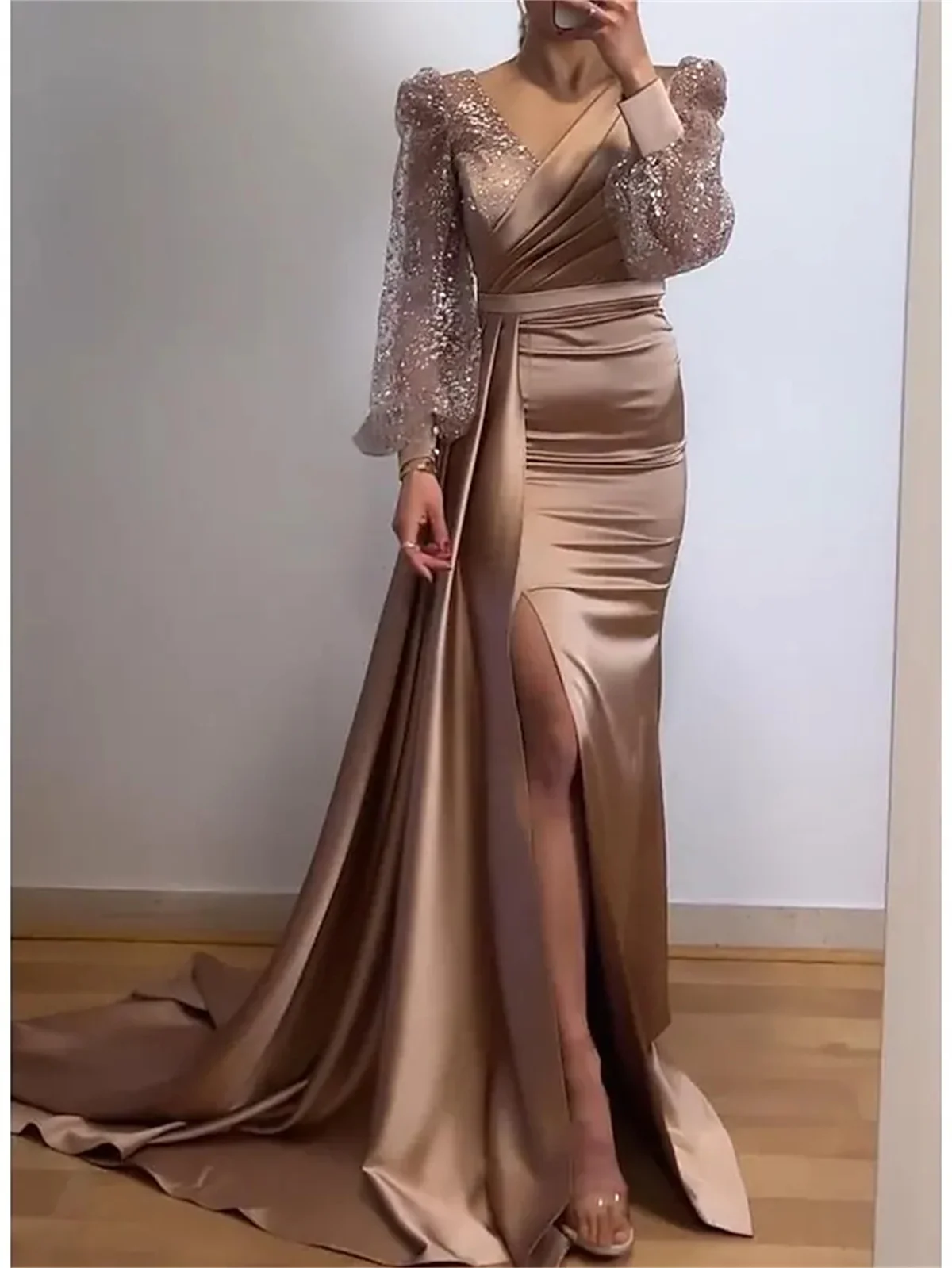 Top Trends: Mermaid / Trumpet Evening Gown Sexy Dress Formal Court Glittering Sheer Tulle Tiered Split Long Trailing Solid Colours 2023 Shoppable Styles