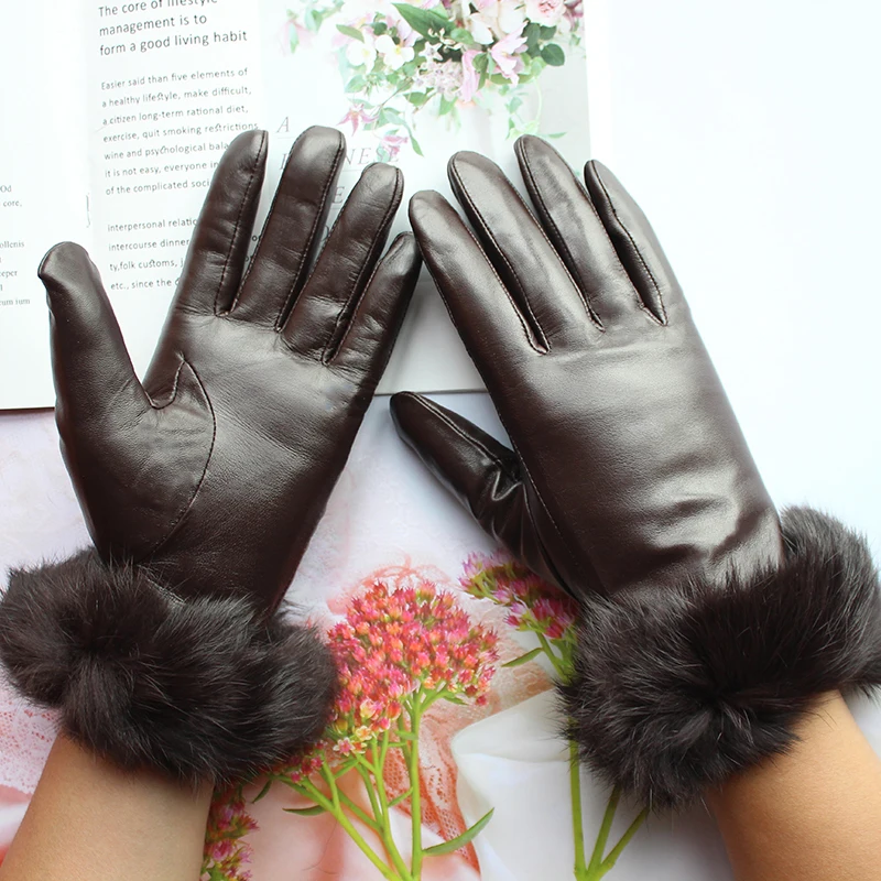 Top Trends: Winter Warm Leather Sheepskin Gloves Women Fashion Thick Rabbit Fur Cuffs Outdoor Windproof Ladies Brown Finger Gloves Shoppable Styles