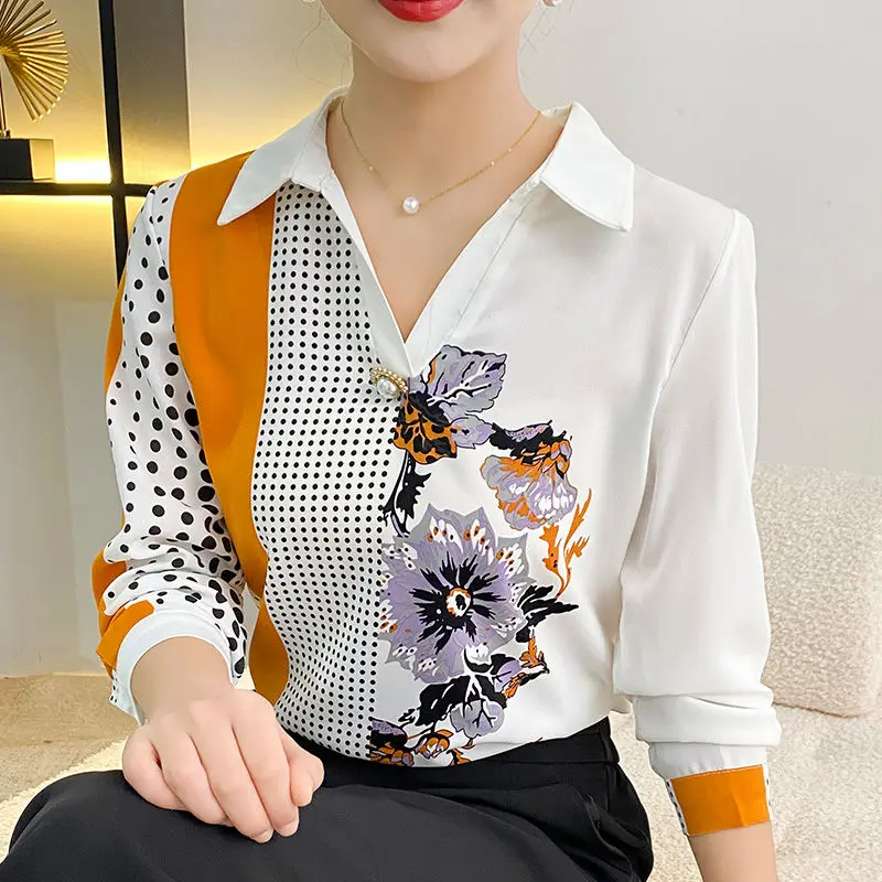 Top Trends: Women's Clothing Fashion Vintage Printed Spliced Long Sleeve Shirt Autumn Korean Casual Polo-Neck Beading Blouse For Female Shoppable Styles - Image 3