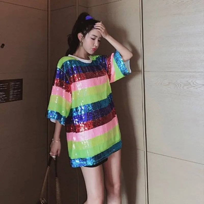 Top Trends: DALMAZZO Fashion Rainbow Stripes T Shirt Mini Dress 2024 New Summer Women Pullover Print Letter Sequins Loose Straight Dresses Shoppable Styles