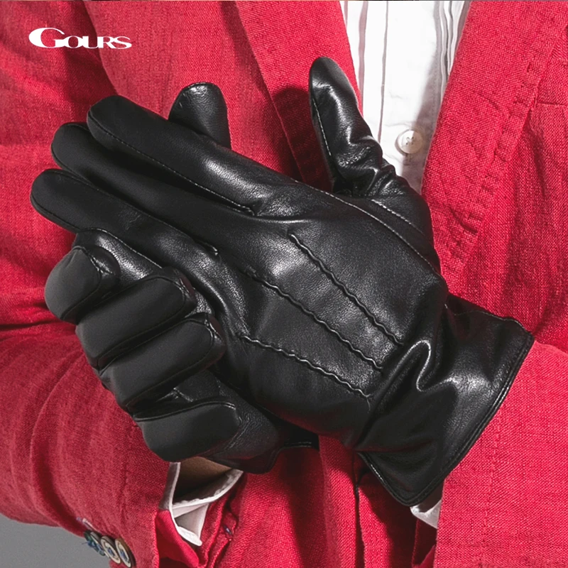 Top Trends: Gours Winter Genuine Leather Gloves Men Black Real Goatskin Finger Gloves Fashion Brand Driving Mittens Warm New Arrival GSM030 Shoppable Styles