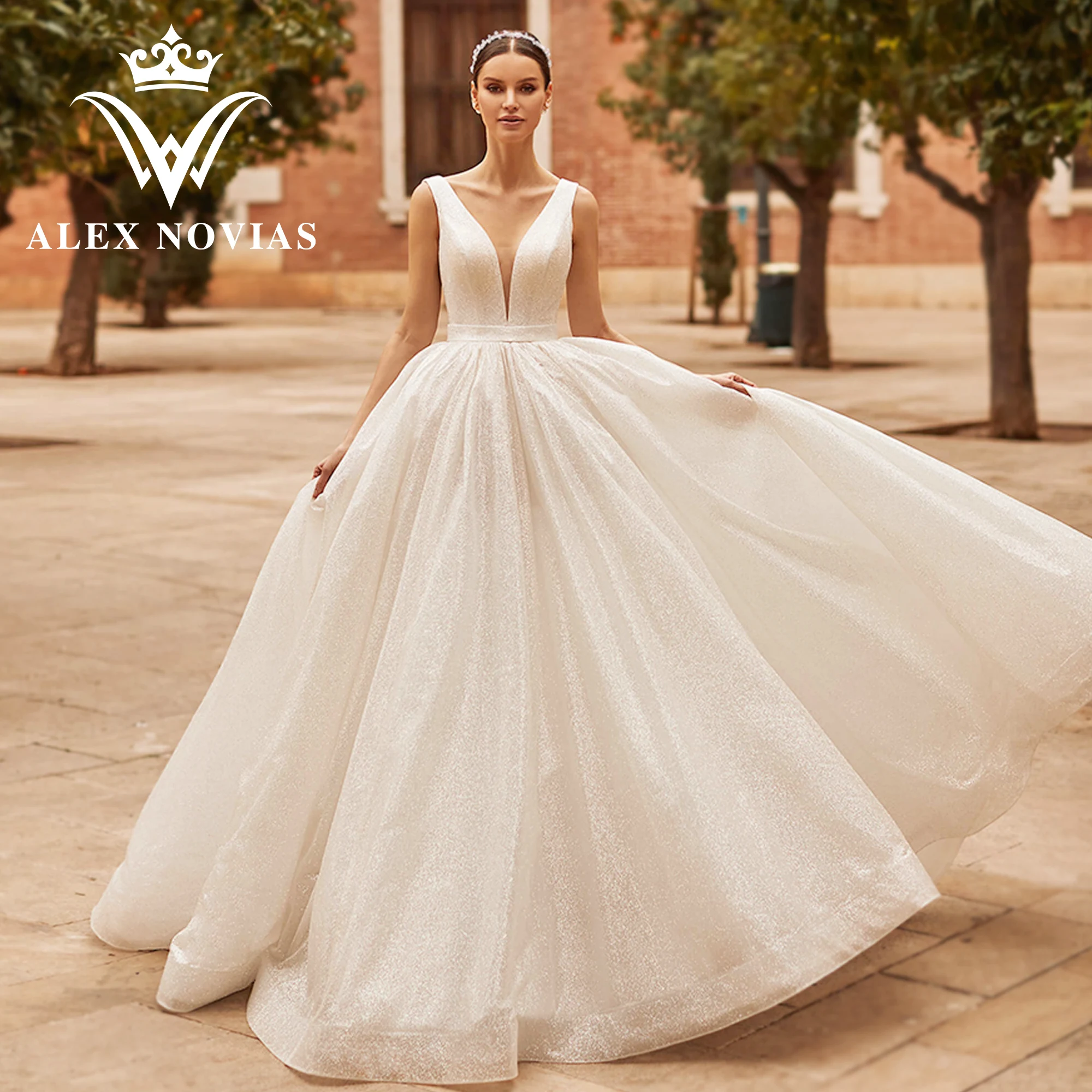 Top Trends: ALEX NOVIAS A-Line Wedding Dress 2023 Classy Deep V-neck Sparkling Tulle Backless Elegant Wedding Gown Vestidos Novias De Saten Shoppable Styles