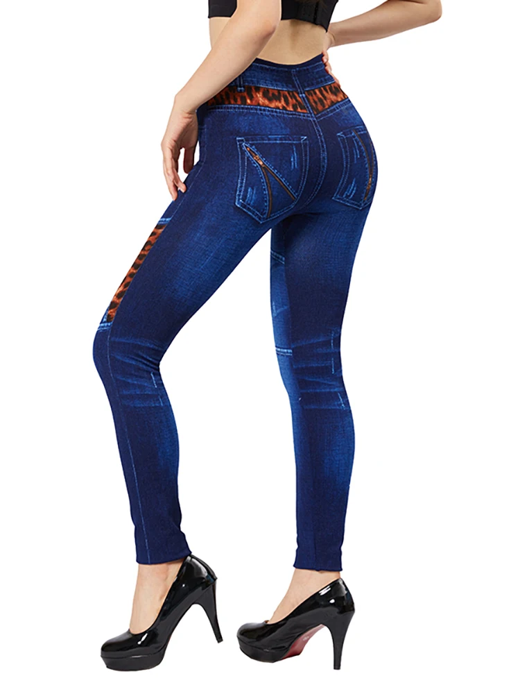 Top Trends: CUHAKCI Splice Leopard Blue False Jeans Fake Zipper Pockets Print Stretch Imitation Denim Pants Slim Fit Leggings Women Jeggings Shoppable Styles - Image 4