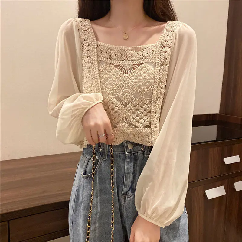 Top Trends: 2024 Summer Long Sleeve Vintage National Trend Female Clothes Hollow Out Lace Patchwork Chiffon Shirts Woman Blouses Wholesale Shoppable Styles