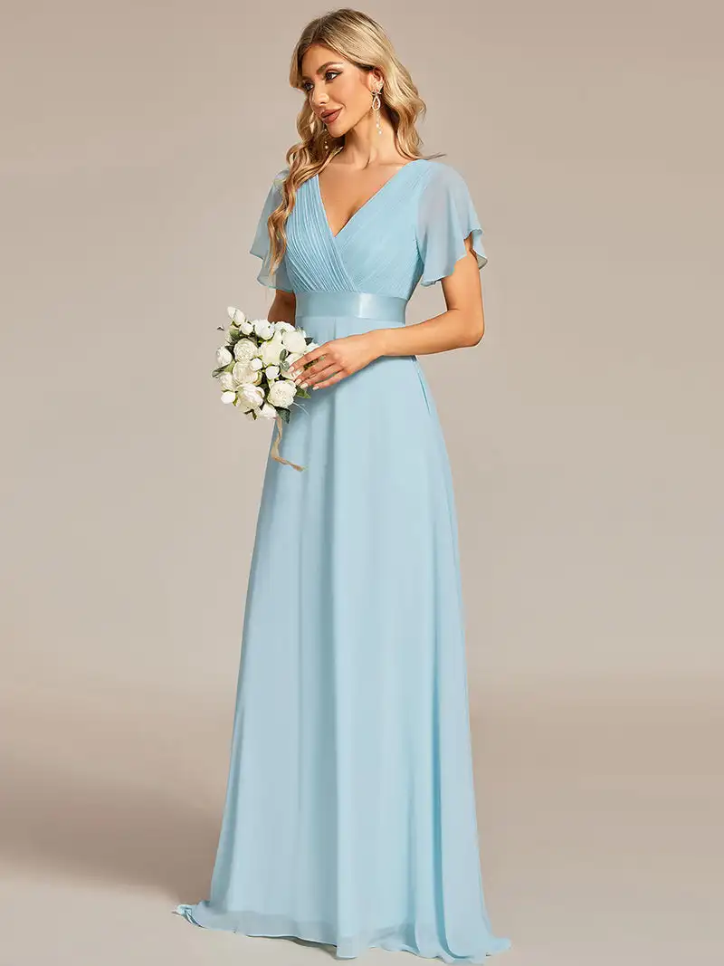 Top Trends: Elegant Evening Dresses Long A-LINE Short Sleeve V-neck Floor-Length 2024 Of Chiffon Sky Blue Bridesmaid Women Dress Shoppable Styles