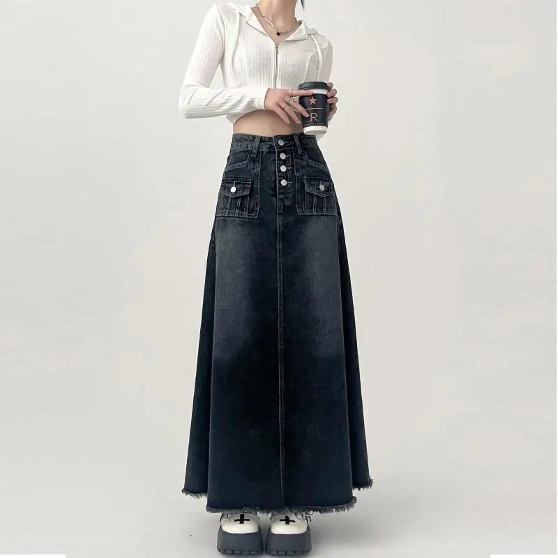 Top Trends: High-waisted Cargo Denim Skirt Women&#039;s Autumn Long A-line Mid-length Skirt Retro Raw Edge Y2k Female Clothing Korean Style Shoppable Styles