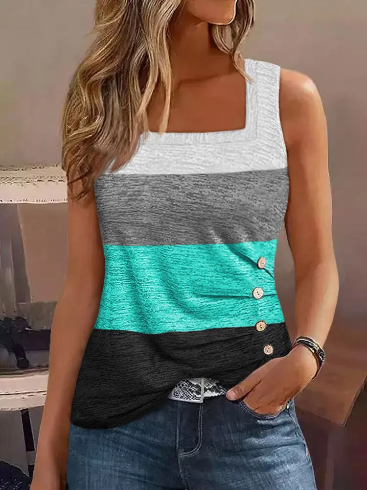 Top Trends: Women Color Block Ruched Button Square Collar Tank Top Summer Sleeveless Stripe T-Shirt Casual Button Sexy Ladies Streetwear Shoppable Styles