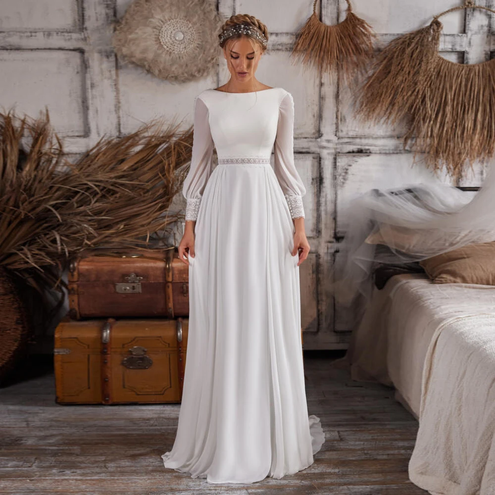 Top Trends: Jiayigong Boho Wedding Dress Robe De Mariee Vintage Long Sleeves Scoop Neck A Line Chiffon Sweep Train Backless Bridal Gown Shoppable Styles