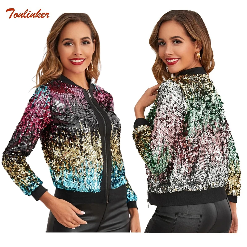 Top Trends: Women Sequin Jacket Casual Loose Coat Elegant Shiny Open Front Zipper Colorful Gradient Jacket Outwear Tops Spring New Shoppable Styles