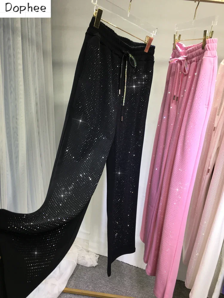 Top Trends: Babysbreath Shiny Hot Drilling Female Trousers All-match Summer Wide Leg Pants Drawstring Elastic High Waist Straight Pants Shoppable Styles