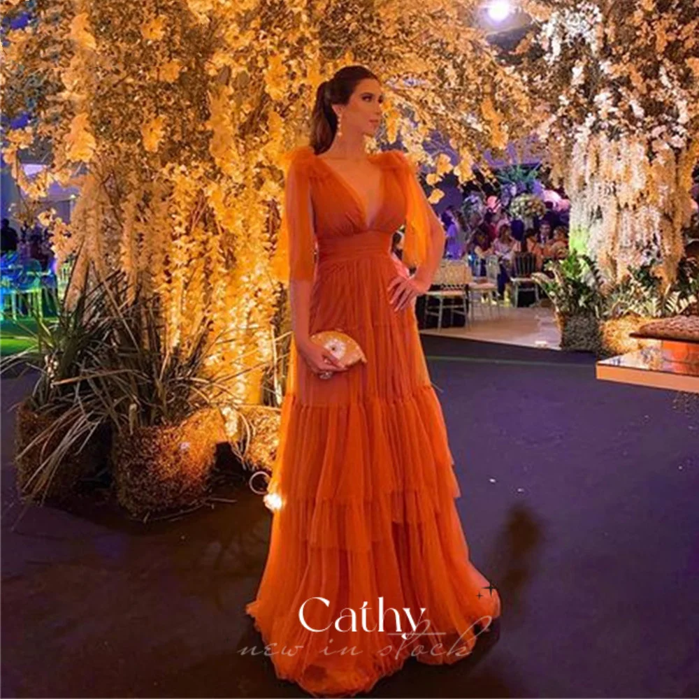 Top Trends: Cathy Puffy Sleeve A-line Prom Dress Orange Multi-layer Evening Dress Organza فستان سهرة Sexy V-neck Party Dresses Shoppable Styles